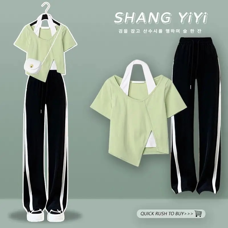 2023 Summer New Casual Fake Two Piece Short Sleeve Top+Sports Pants Matching Set Women's Korean Chic Hanging Neck Blouse Suit 2023 new vintage hong kong style chic casual sports set women s design sense fashion short sweater two piece set