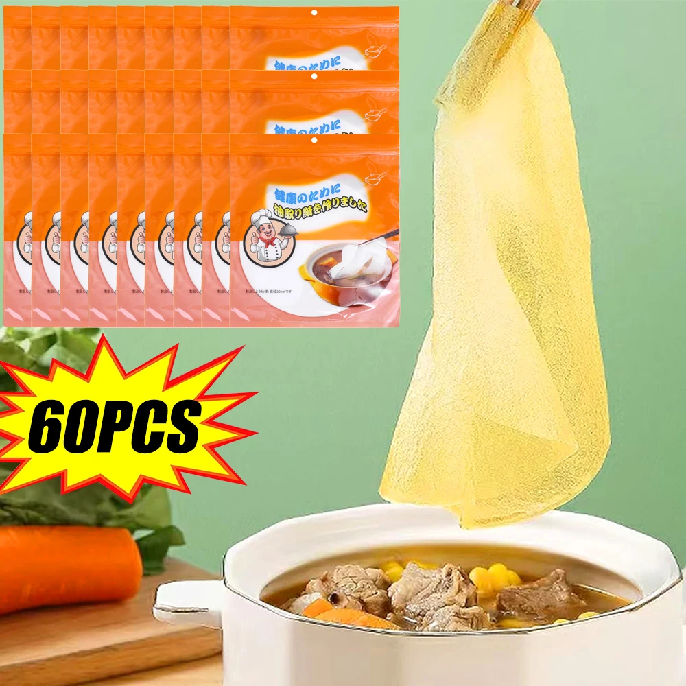 

12/60pcs Disposable Soup Oil Absorbing Papers Kitchen Oil Filter Paper Soup Blotting Paper Food Grade Kitchen Gadgets Supplies