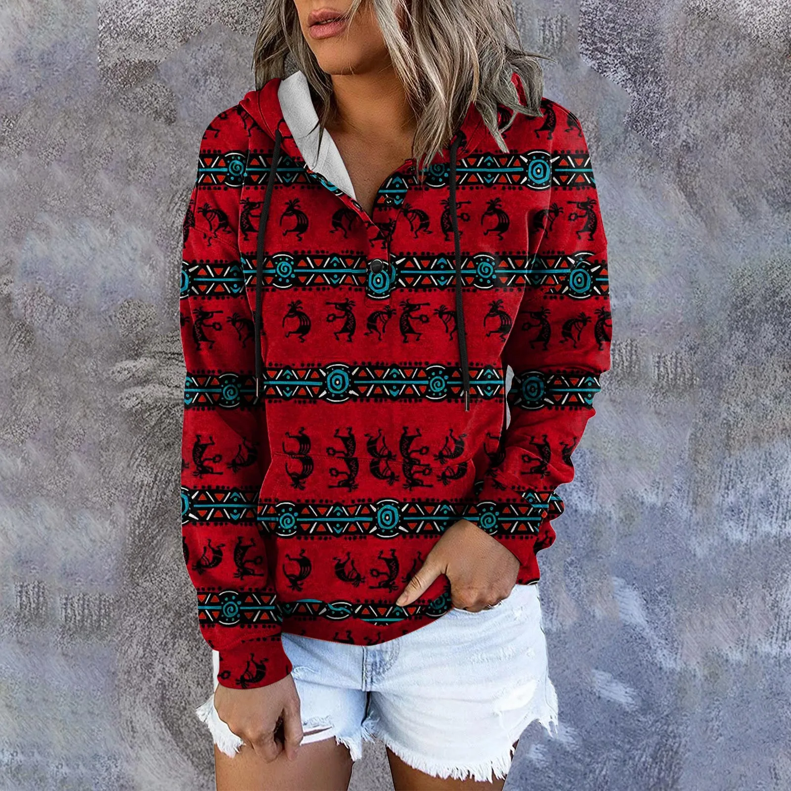 

Women's Hooded Button Pocket Sweater Vintage Print Top 2023 Autumn New Fashion Versatile Comfortable and Casual Sweatshirt