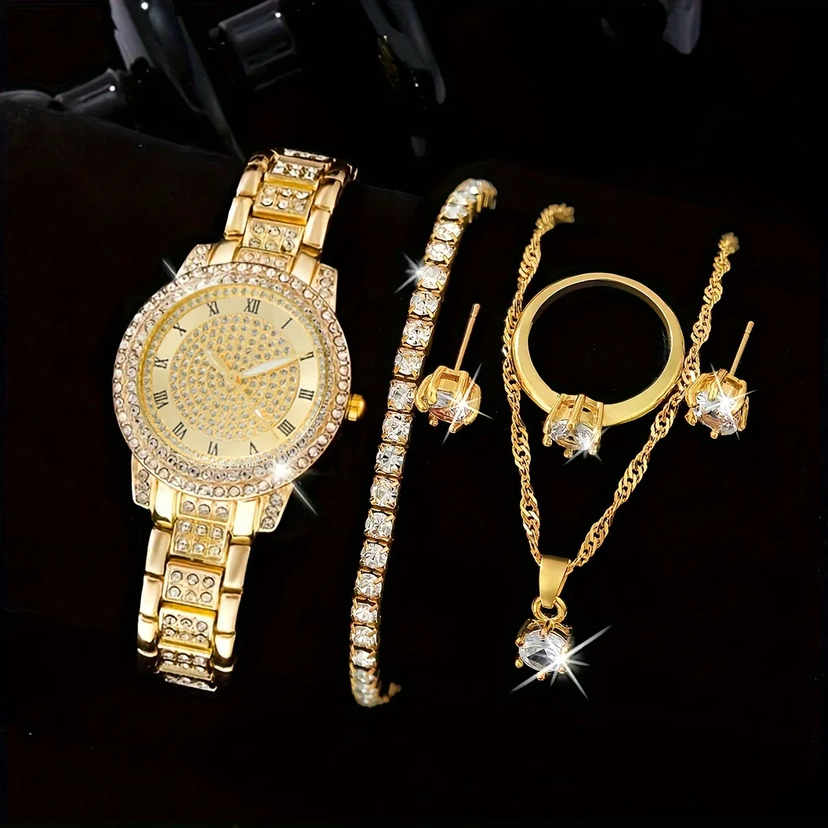 6pcs/set Women's Watch Luxury Rhinestone Quartz Watch Shiny Fashion Analog Wrist Watch & Jewelry Set, Gift For Mom Her 3
