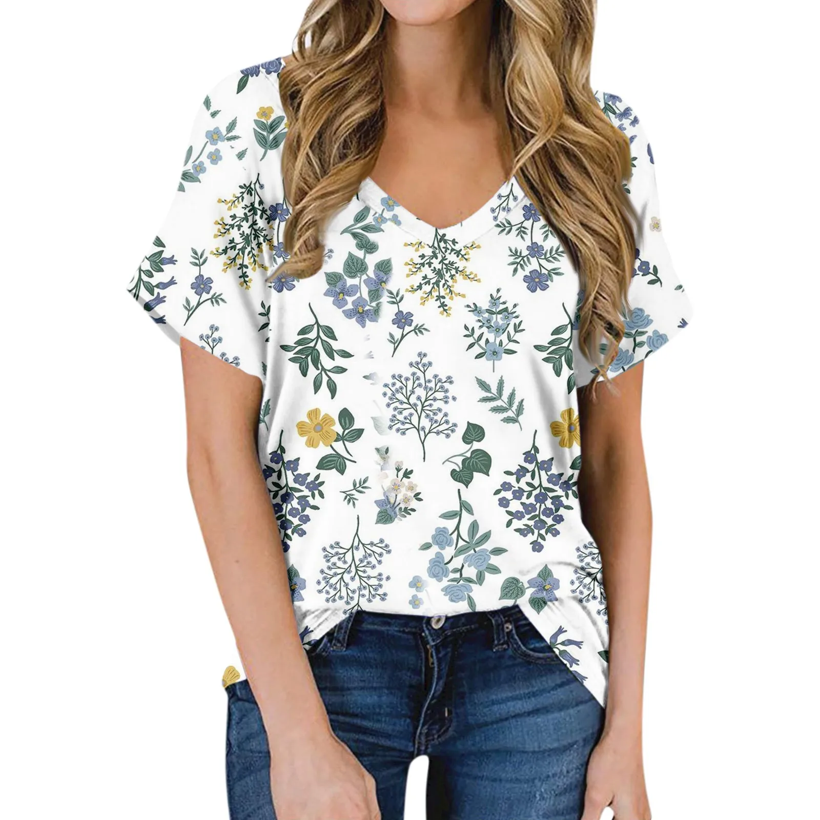 

Женская футболка с коротким рукавом, V-образным вырезом и цветочным принтом