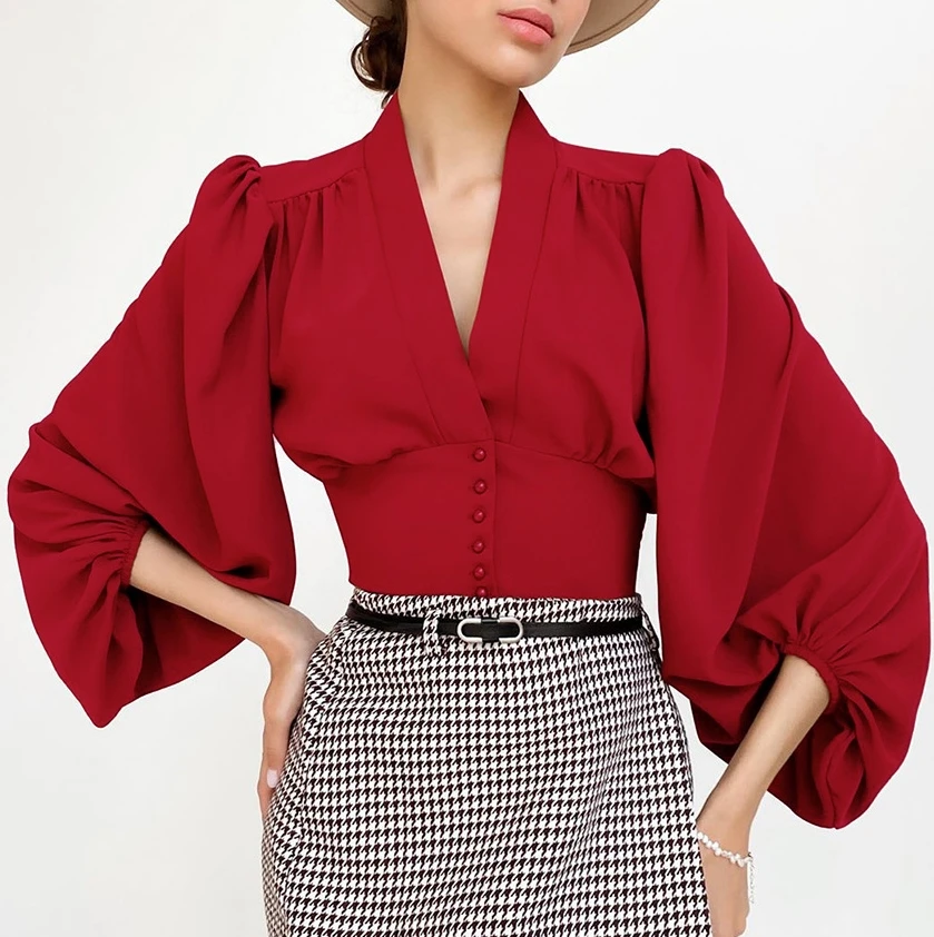 Women's New Hot Selling Fashion Hot Selling 2023 Spot French V-Neck Shirt Temperament Lantern Sleeve Slim Fit Long Sleeve Shirt