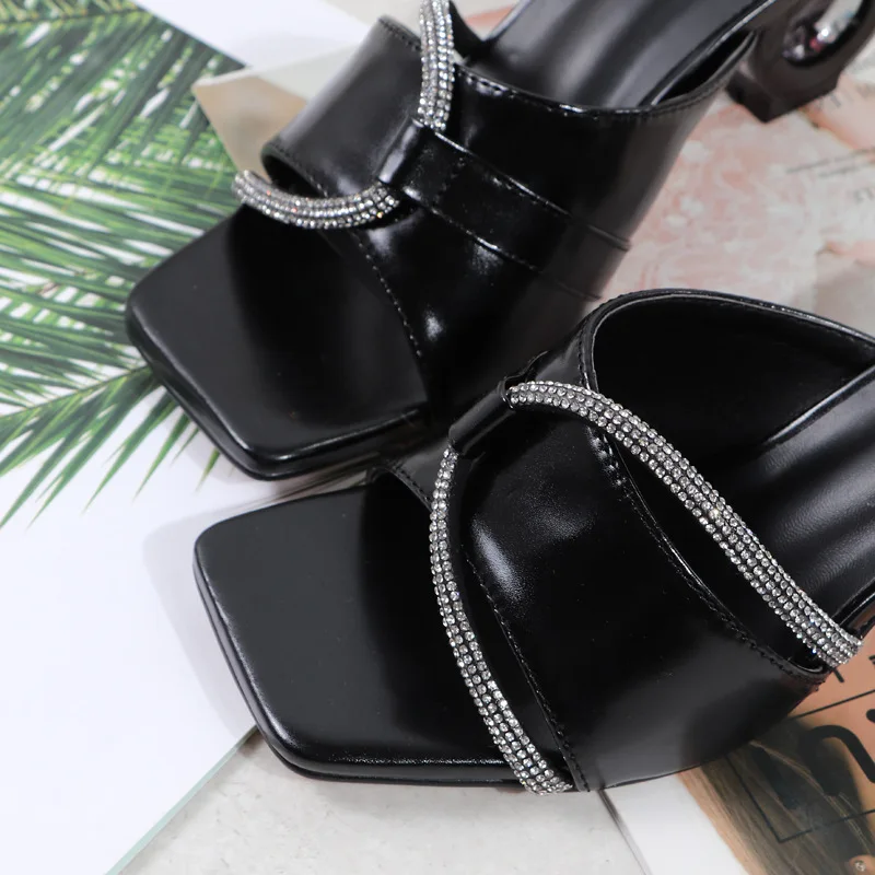 Summer New Fashion Round with Flip-flops Square Head Rhinestones Large Size High Heel Lady's Slippers Shoes Women 2022