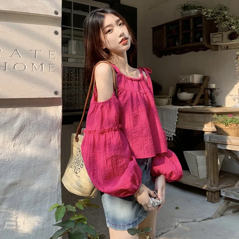 

Strapless Blouse Women Summer 2024 Niche Long Sleeve Solid Color Loose Office Lady Casual Fashion Versatile Daily Tops Female