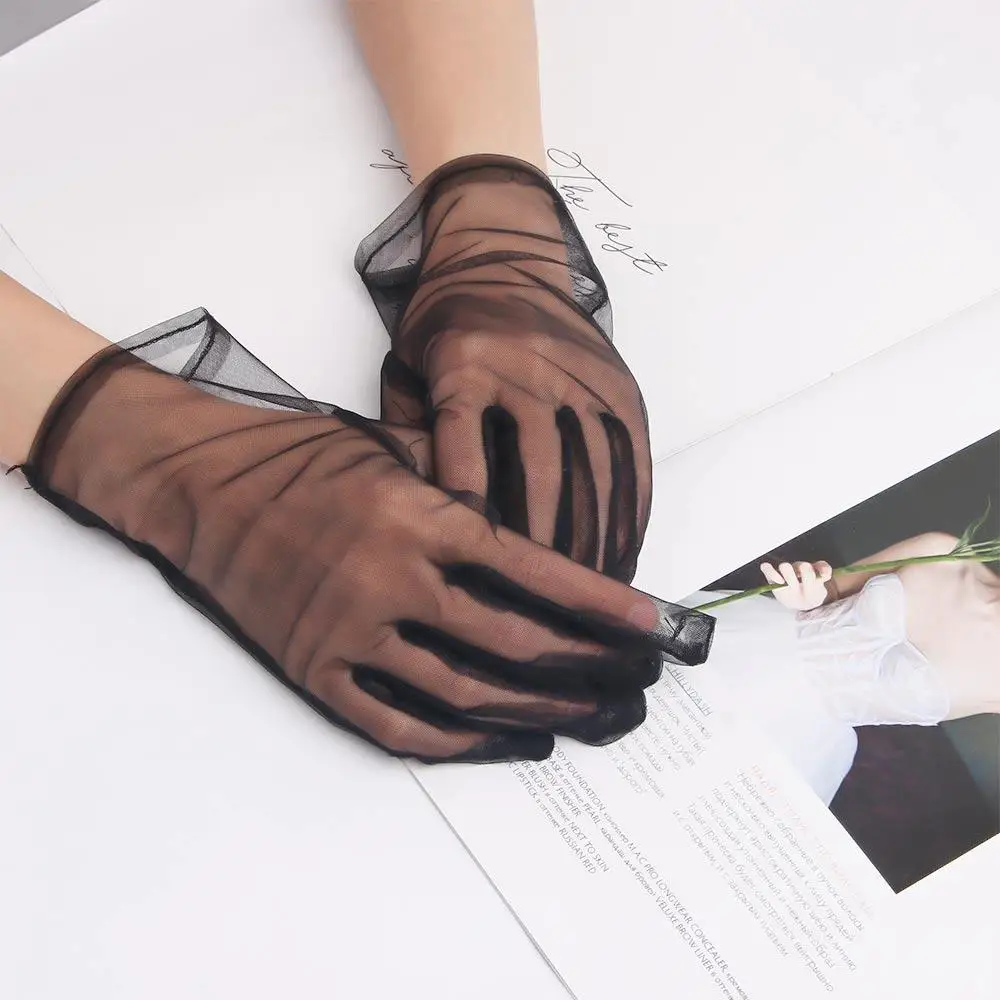

Girls Fashion Wedding Transparent Ultra Thin Black Mesh Opera Gloves Short Gloves Finger Gloves