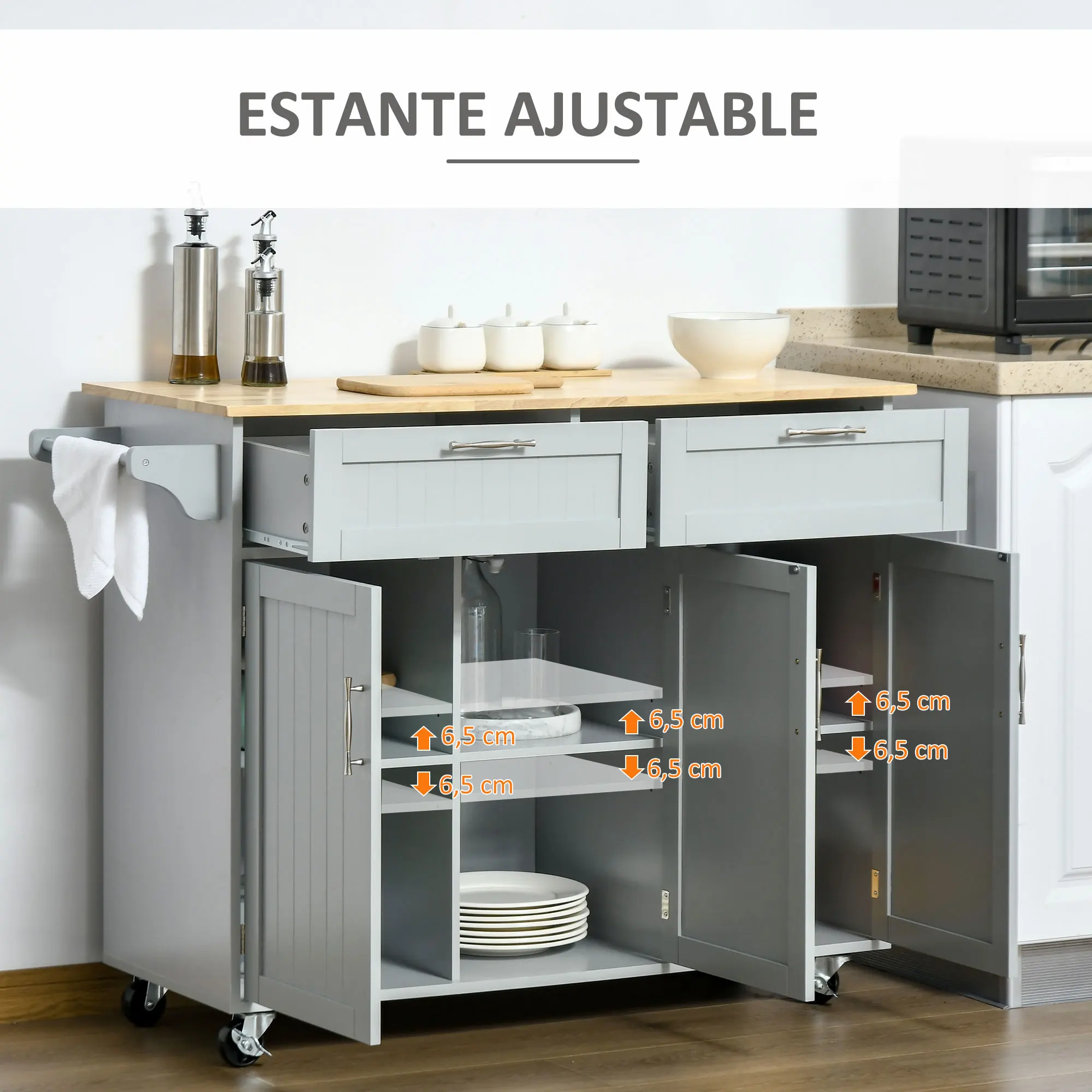 HOMCOM Carro de Cocina con Ruedas Isla de Cocina con 2 Cajones 3 Puertas de  Vidrio Templado Toallero 124,5x39,5x90 cm Blanco