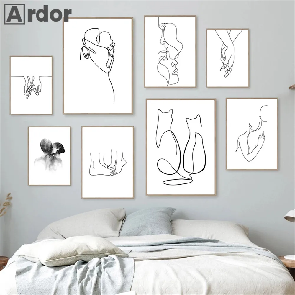 

Black And White Romantic Line Drawing Poster Couple Hugs Kiss Canvas Painting Hand In Hand Wall Art Print Pictures Bedroom Decor