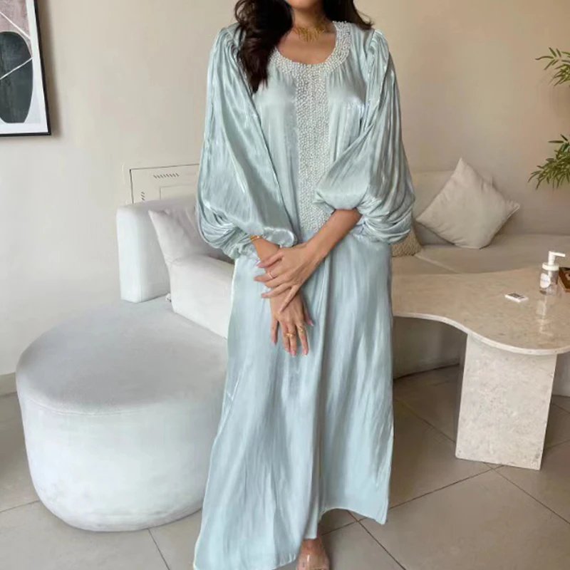 

2024 Casual Holiday Beach Dress Summer O-Neck Lantern Sleeve Loose Dress Elegant Solid Color Beaded Splicing Pullover Dresses