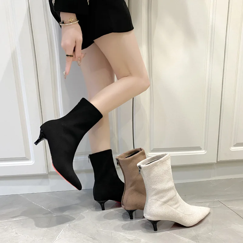 

5/7/9CM Luxury Women Black Flock Sock Boots Stiletto Thin High Heels Elastic Knitting Boots Winter Stretch Fabric Ankle Boots