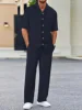 European and American men's shirt set solid color vertical strip lapel short-sleeved casual pants home daily beach set 2