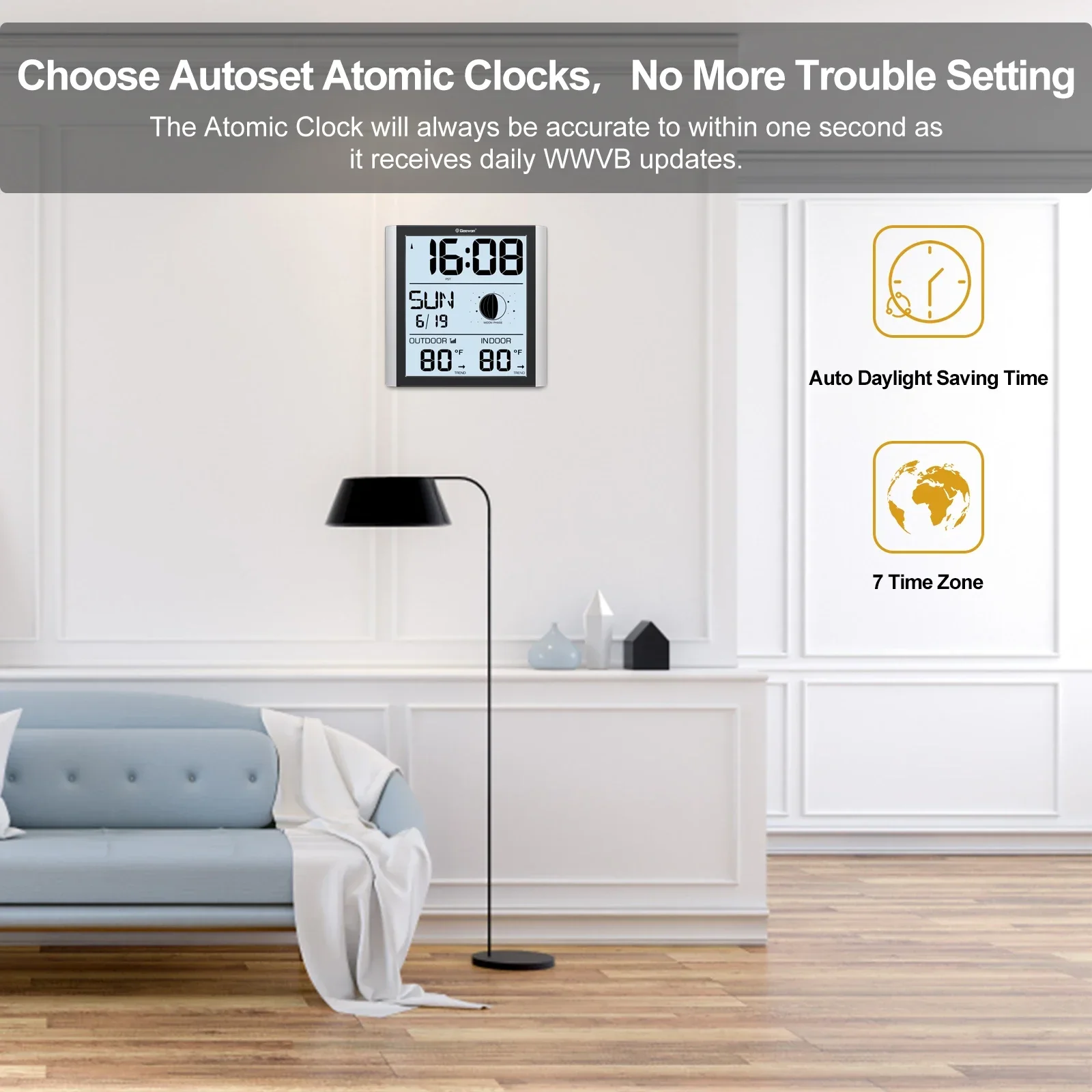 Atomic Wall Clock With Backlight Auto-Set Digital Atomic Alarm Clock With Indoor Outdoor Temperature Calendar Moon Phase