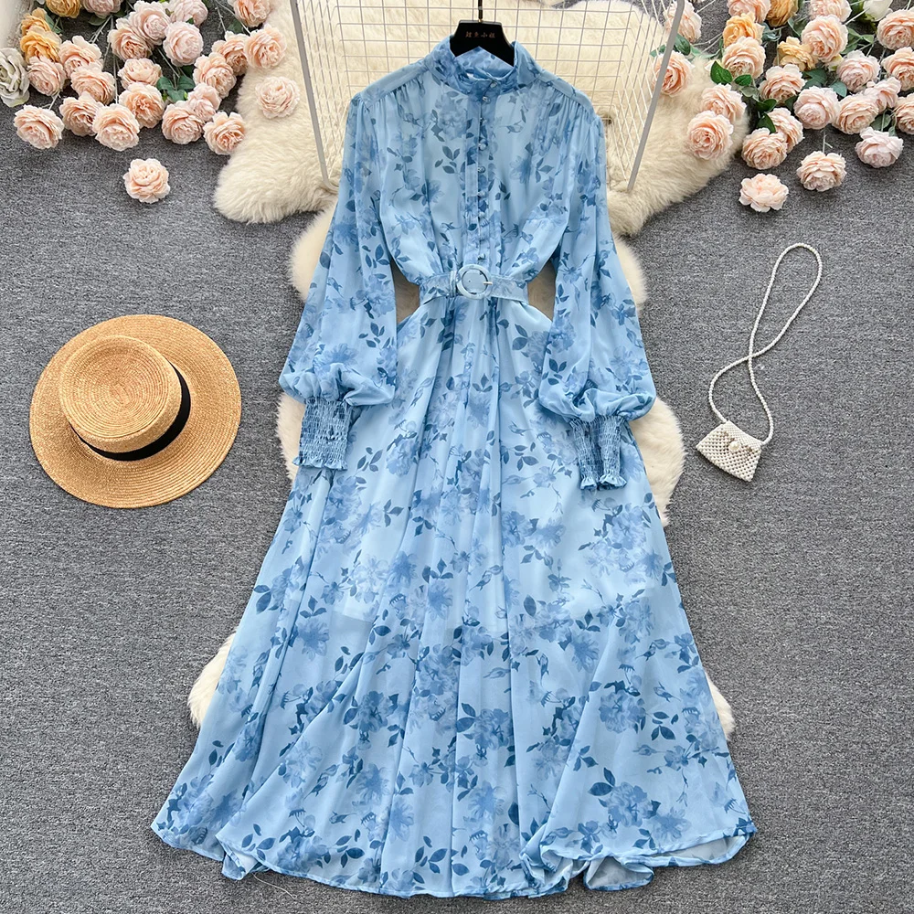 

Croysier Long Dresses Stand Collar Long Sleeve Vintage Print Chiffon Maxi Dress Women Wedding Party Elegant Dress With Belt