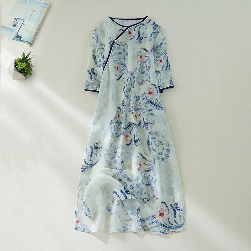 Summer Cotton Chinese Style Vintage Print Dresses For Women 2025 New Casual Loose Long Dress Femme Robe Vestidos Elegant Clothes