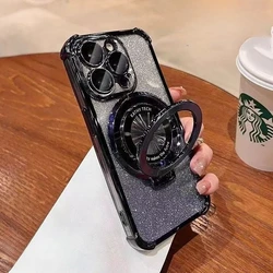 Glitter Magnetic Bracket Phone Case with Magsafe Holder and Bumper - Galaxy A30s (Black)