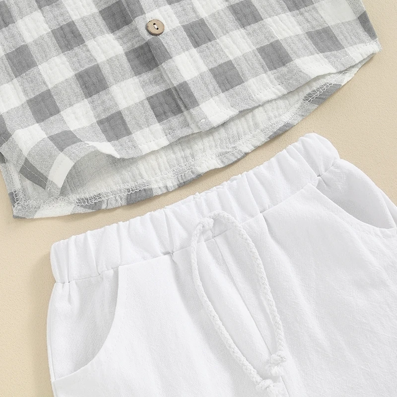 Toddler Boy Summer Clothing Set Round Neck Short Sleeve Plaid Print Tops + Elastic Waist Solid Color Shorts Infant Baby Set
