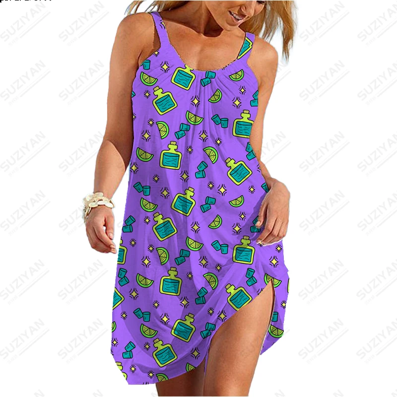 Fashionable summer women's Hawaiian style colorful floral 3D printed beach skirt with straps short sleeved women's A-line skirt