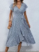Plus Size 1XL-5XL Women's V-Neck Floral Print Dress Breathable Summer Casual Elegant Dress Sophisticated Style Long Beach Dress