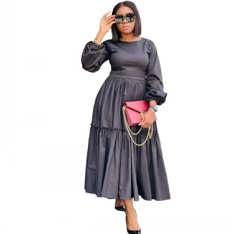 

African Long Dresses Women Full Sleeve Ruffle Patchwork Robes Autumn New Solid Casual Streetwear African Pleated Dress Vestidos