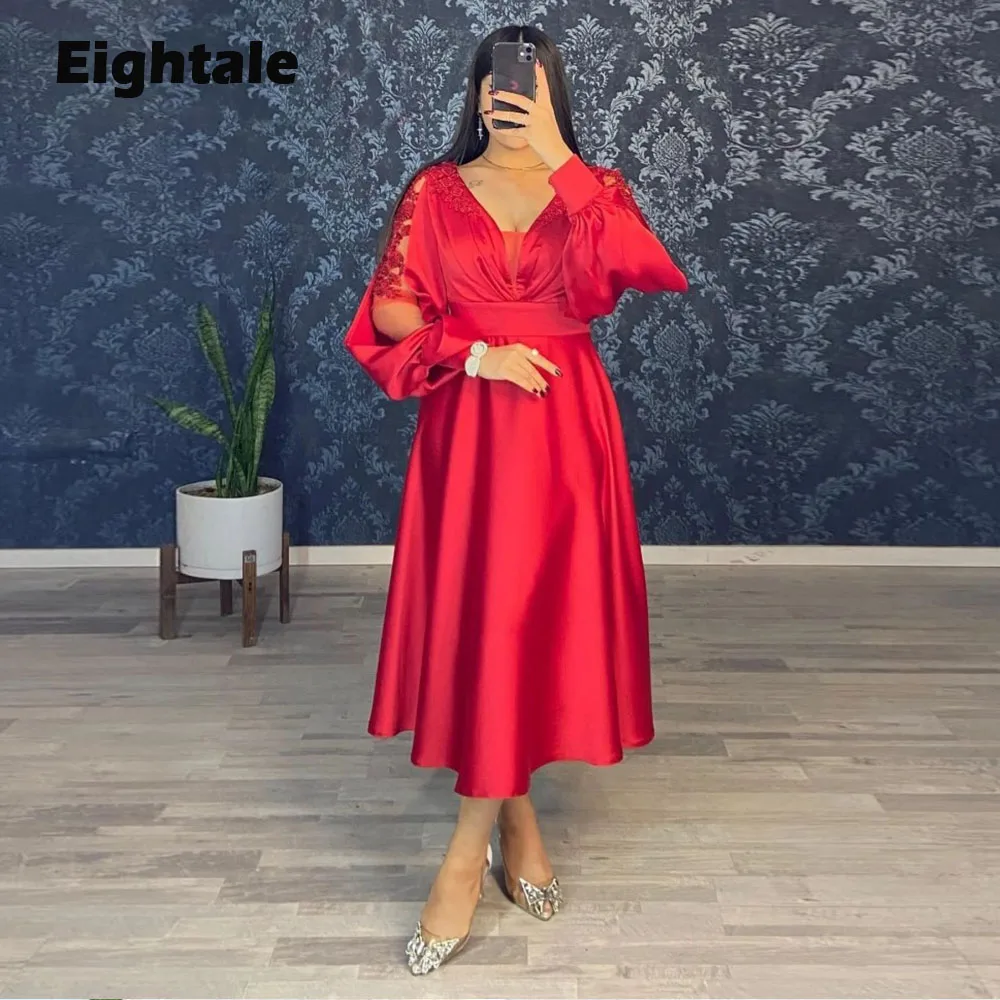 

Eightale Mid Length Evening Dresses for Wedding Party V-Neck Satin A-Line Long Sleeves Applique Red Blue Prom Gowns