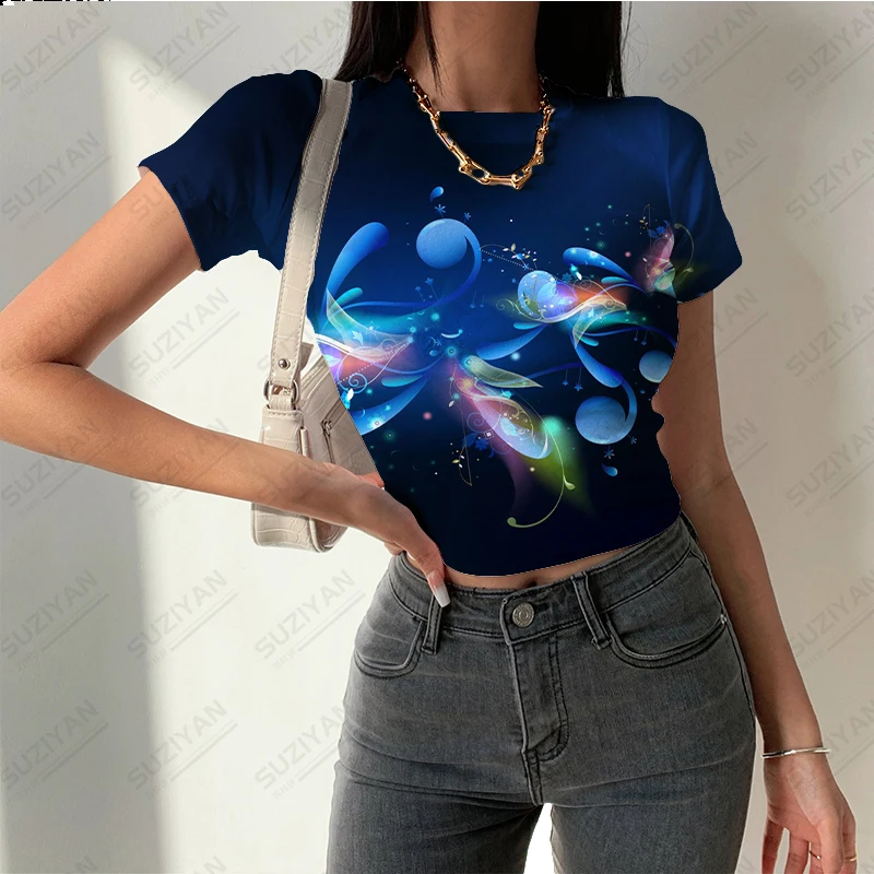 

New Women's Short Sleeve Round Neck Top Casual Tight Sexy Women's T-shirt Summer Temperament Black 3D Printing Breathable Top