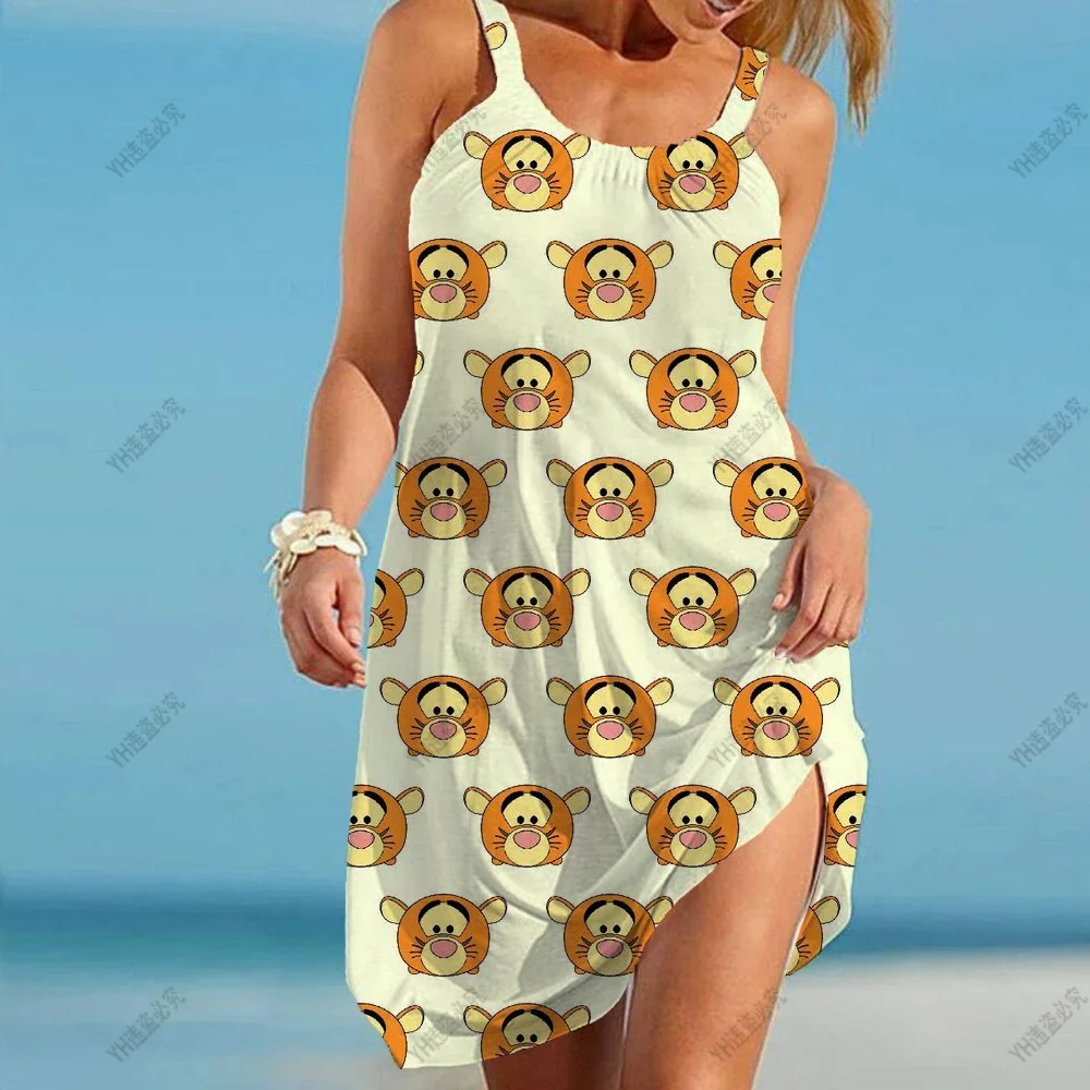 Disney Winnie the Pooh Casual Dress Women O Neck Sleeveless Bandage Beach Dress Summer Bohemian Dresses For Women Plus Size 5XL 5