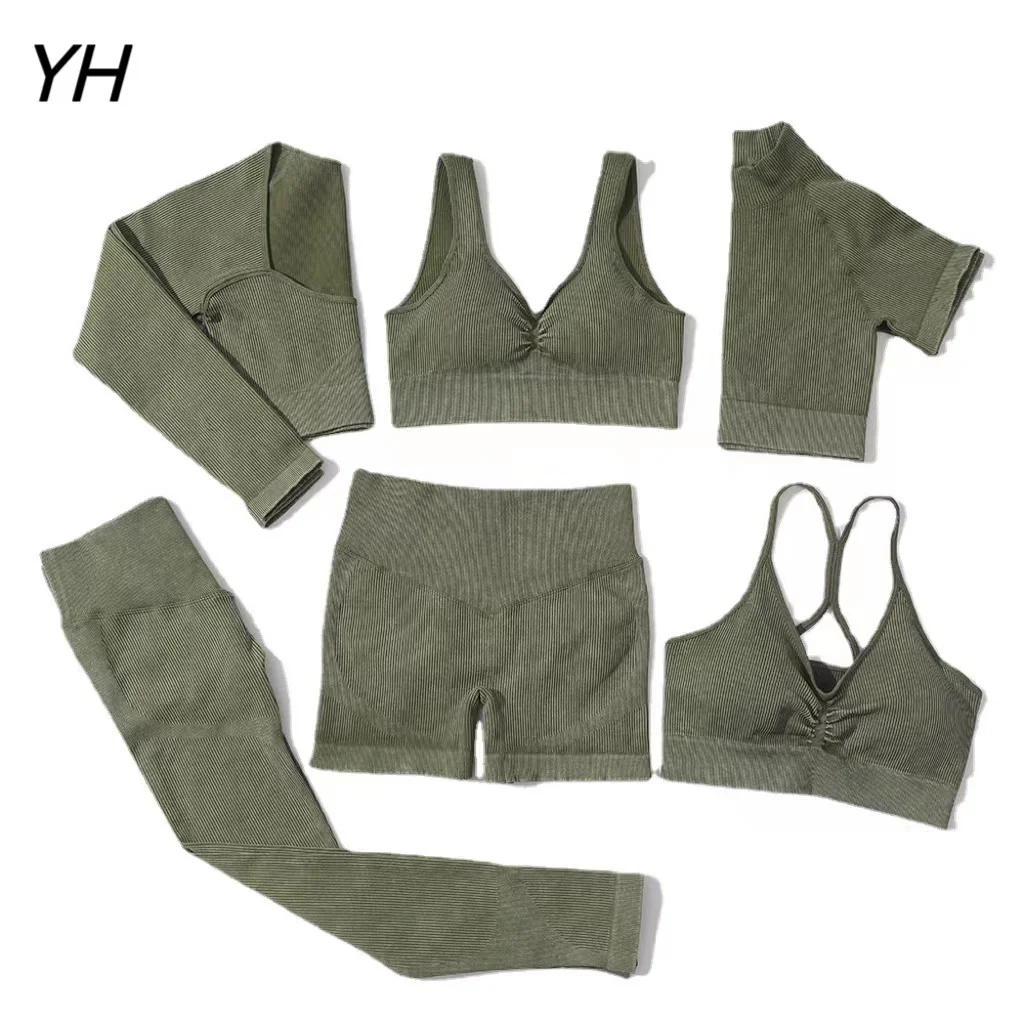 

Ribbed Washed Seamless Yoga Set Crop Top Women Shirt Leggings Two Piece Outfit Gym Wear Workout Fitness Suit Sport Sets Clothes