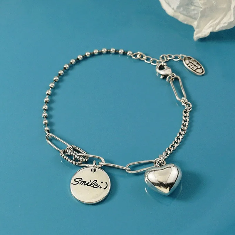 Thai Silver Round Love Heart Pendant Bracelets for Men Women Lady Street Hip Hop Thick Charm Chain Party Jewelry Couple Gift