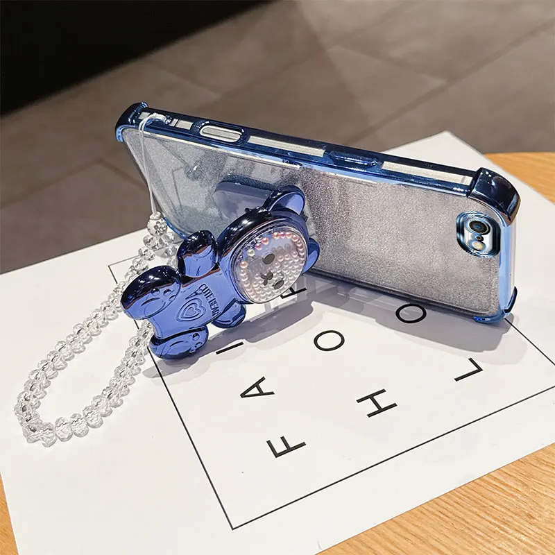 Shockproof Phone Case with 3D Bear Stand and Glitter Crystal Chain Lanyard