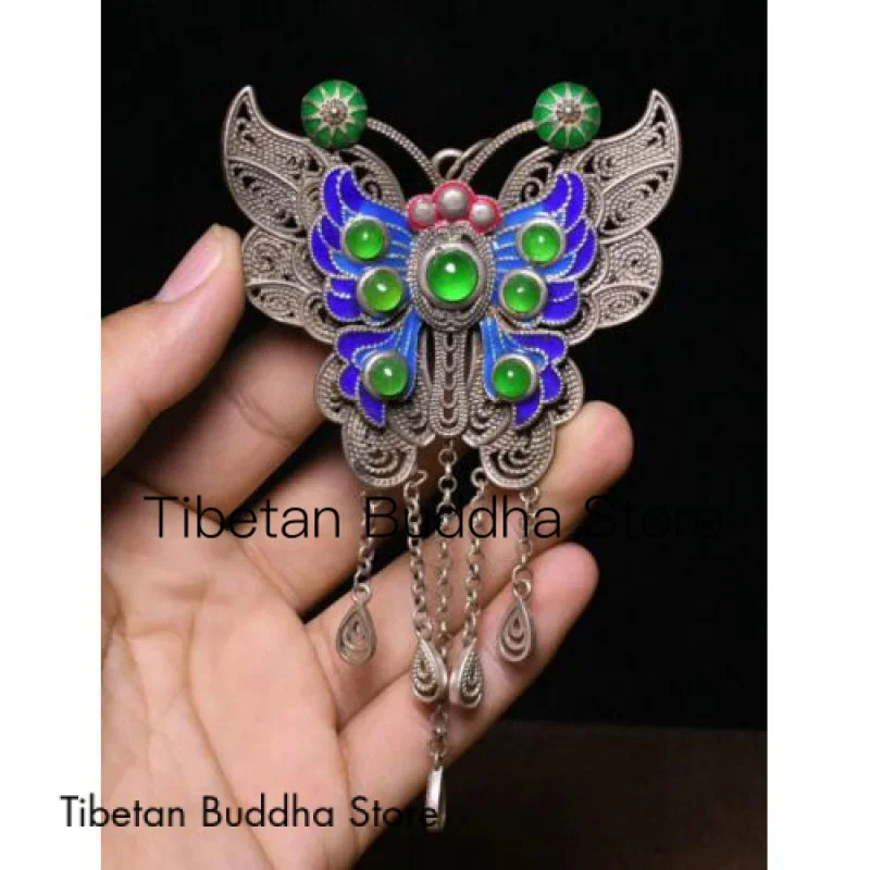 12cm-old-tibet-miao-silver-filigree-inlay-green-jade-butterfly-amulet-pendant