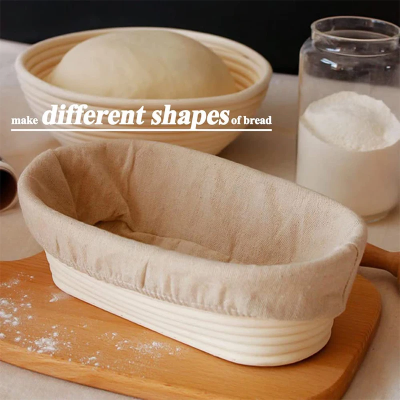 LMETJMA Bread Fermentation Basket Round Oval Long Banneton Rattan Dough Proofing Proving with Linen Liner Cloth