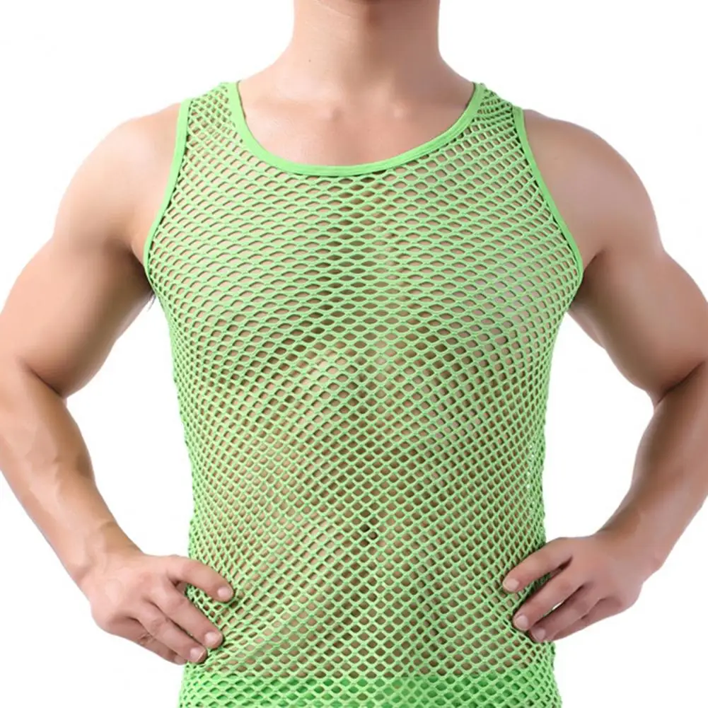 Men Undershirt Mesh See-Through Sleepwear Fish Net Pure Color Vest for Sleeping Nightclub Sheer Tops Shirt Fishnet Muscle Top