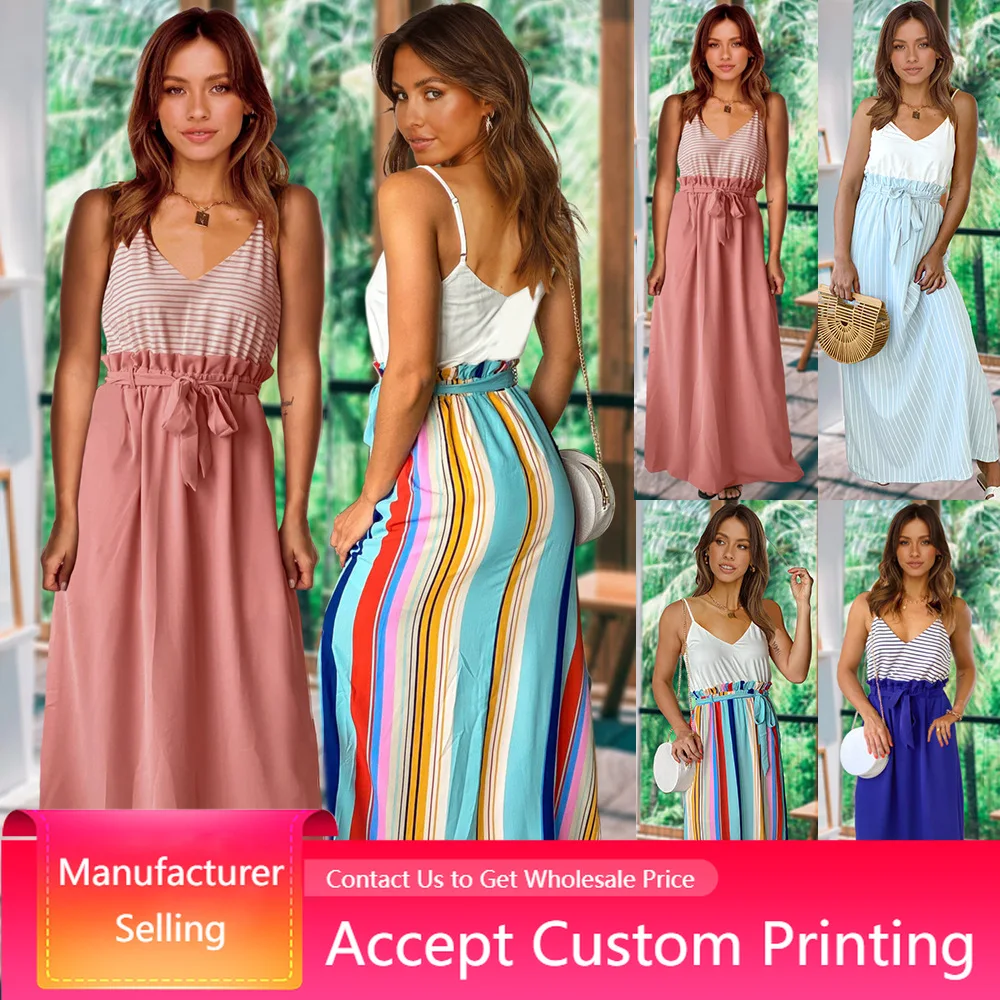 

Sundress Women V Neck Striped Print Sleeveless Spaghetti Strap Sundress Patchwork Loose Casual Lace-Up High Waist Casual Dress