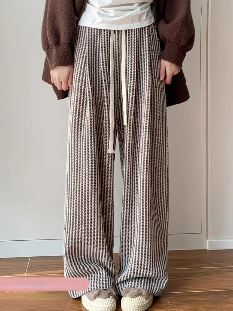 Pantaloni primavera autunno donna retrò a righe lavorati a maglia casual quotidiano semplici pantaloni a gamba larga a vita alta temperamento elegante femminile tutto-fiammifero 2