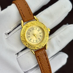 Elegant Women's Leather Watch with Retro Round Dial and Slim Gold Strap (Golden orange)