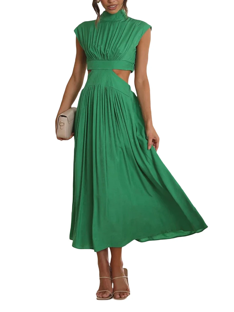 

Women s Summer Sleeveless Pleated Maxi Dress Mock Neck Cut Out Dress Long Flowy Dresses Elegant Cocktail Party Formal Dress