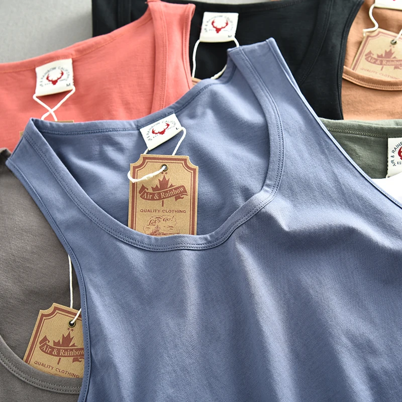 451  여름 신제품 아메리칸 레트로 민소매 o넥 단색 티셔츠 남성 패션 100% 코튼 워시 캐주얼 스포츠 조끼 탑스, 운동복 러닝셔츠