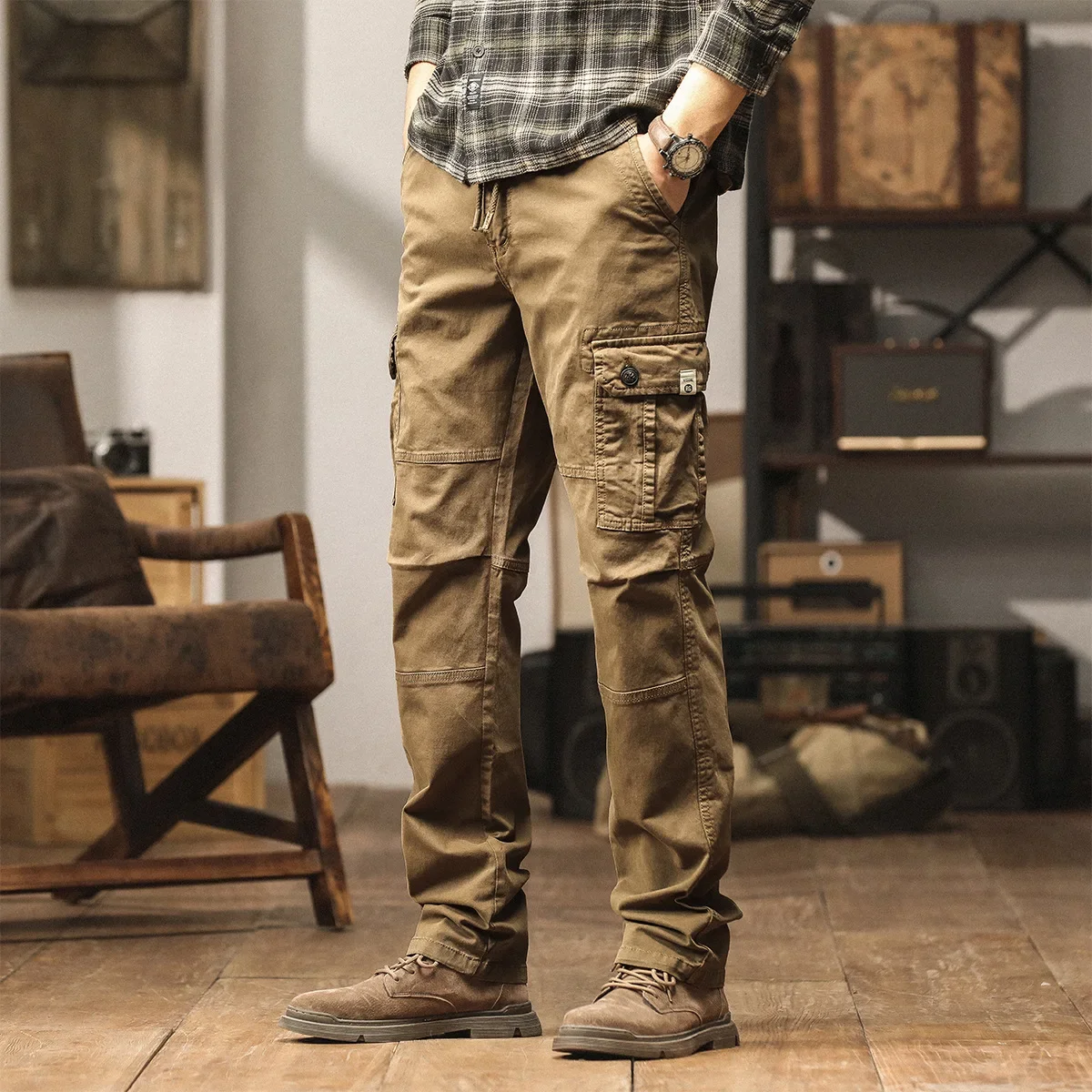 New in Men Cargo Pants Straight Leg Cotton Casual Trouser Male Elastic Waist Stretch Side Pocket Safari Style Autumn Black casual pants