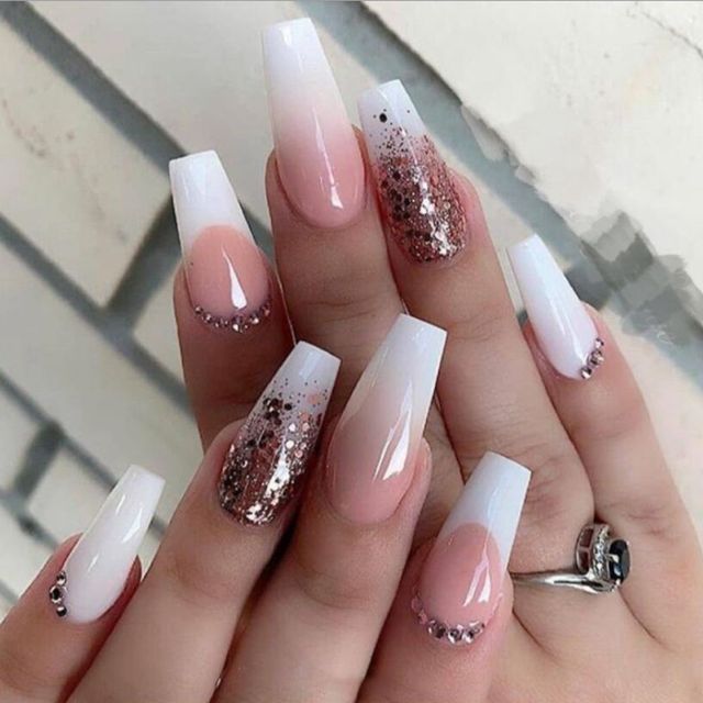 False Nail Full Cover Fake Nail Elegant Pink Gradient Glitter French Short Nails Coffin Short False Nail Press On Nails