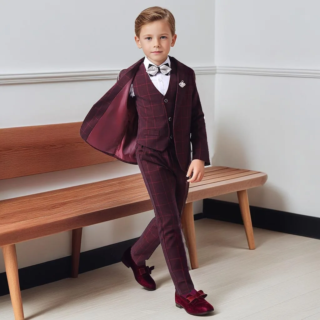 Boys Plaid Suit Spring 2025 Fashion England Wedding Evening Tuxedo Elegant School Children Host Speech Performance Blazers Set 3