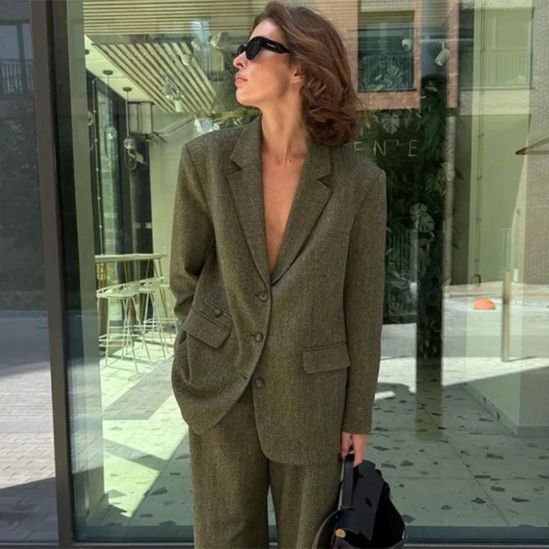 Elegant Coat Pant Sets Woman Fashion Lapel Long Sleeve Single Breasted Blazer Wide Leg Pants 2 Piece Set For Women Loose Outfits