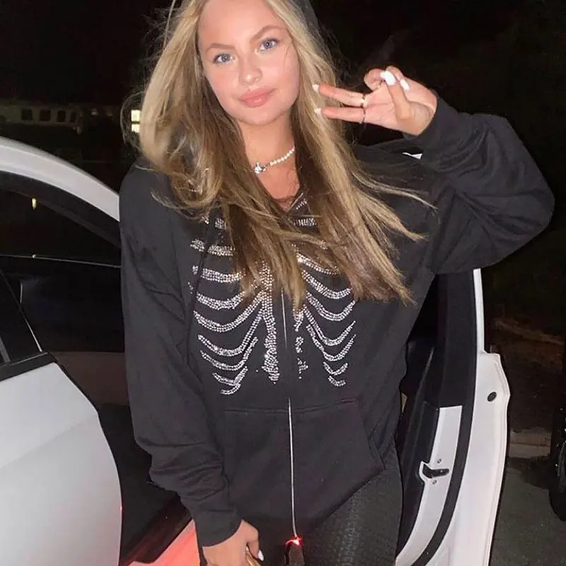 Rhinestone Skeleton Zip Up Oversized Sweatshirts Y2K Tops 2023 Autumn Retro Goth Hoodies Women Grunge Hooded Jacket Streetwear