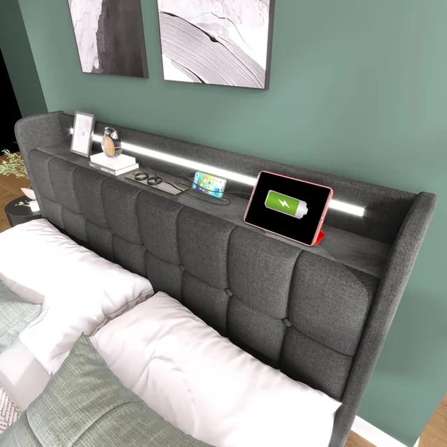 160x200cm Double Bed, Upholstered Bed Wooden Slatted Frame Gray Linen Cover with USB Charging, LED Lighting and 4 Drawers - Image 5