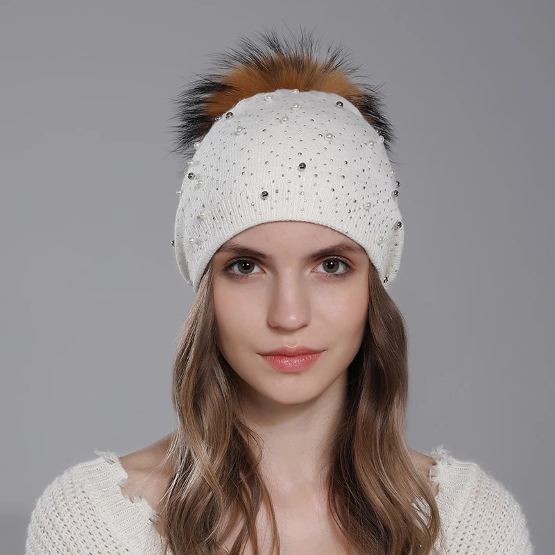 CNTANG Decorate Pearl Women Beanie Knitted Wool Hats Fashion Natural Raccoon Fur Pompom Hat Autumn Winter Warm Casual Ladies Cap 4