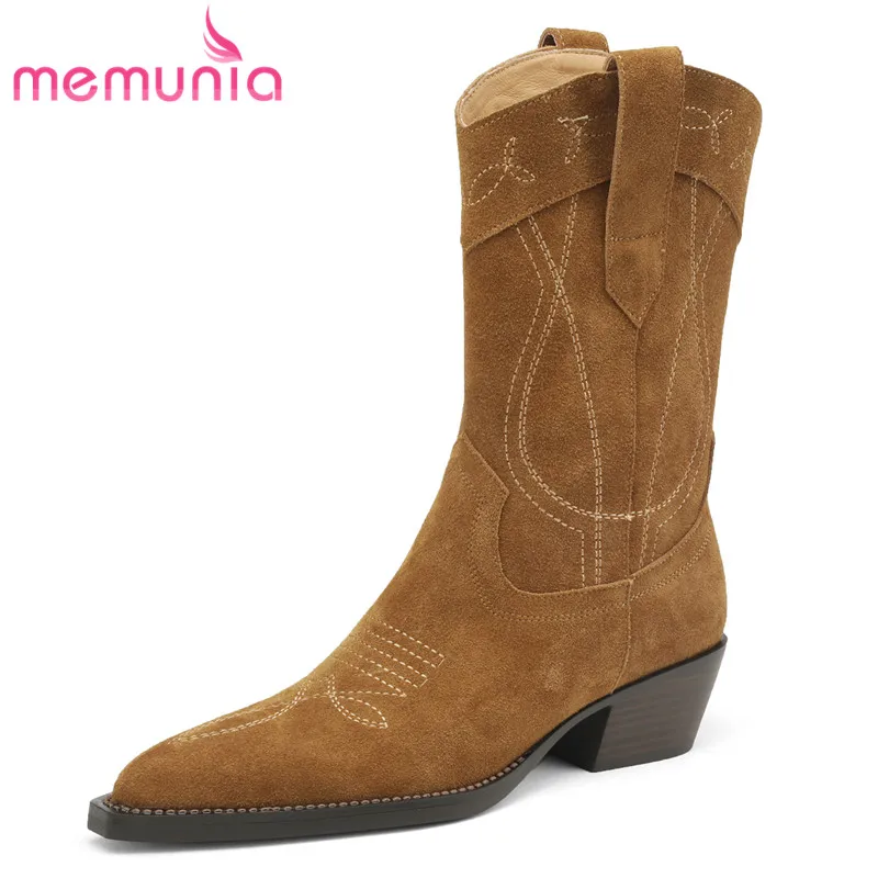 

MEMUNIA 2023 New Popular Cow Suede Leather Mid Calf Boots Ladies Slip On Western Boots Square Med Heels Women Winter Shoes