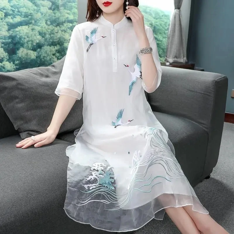 

Ethnic Embroidered Women's Dress 2024Summer New Loose Tea Dresses Literary Retro Modified Cheongsam Luxury Party Vestidos Female