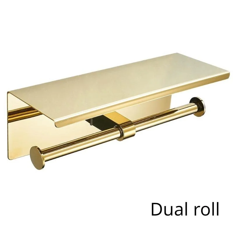Multi-Functional Toilet Roll Paper Holder with Shelf Wall Mounted Double Roll Tissue Holder Dispenser Bathroom Gold