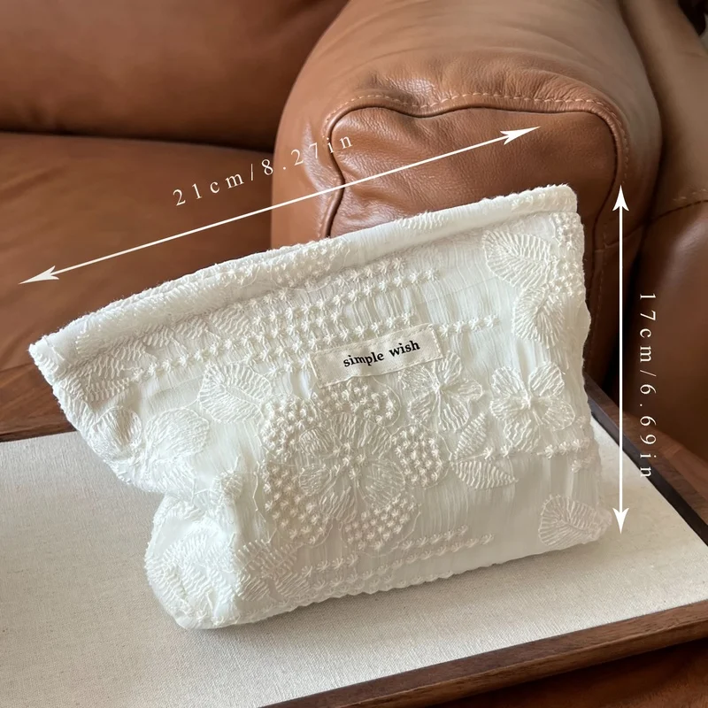 French Lace Makeup Bag, White Zippered Cosmetic Pouch w/ Lipstick Headphone Storage, Elegant Organizer Gift Her 2 Sizes