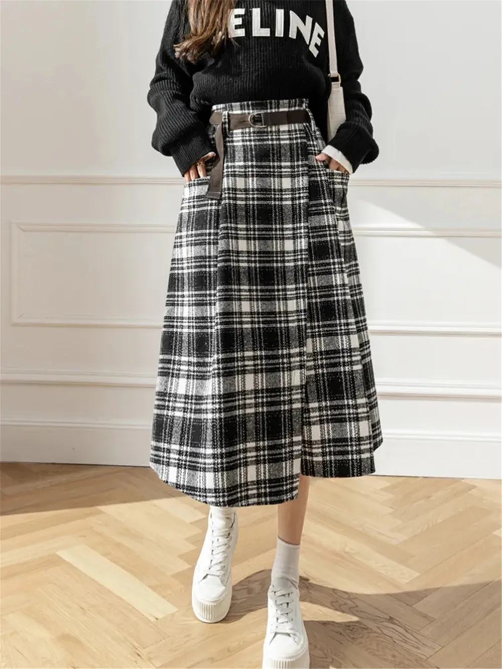 

Асимметричная шерстяная клетчатая юбка с поясом, Женская осенне-зимняя Корейская офисная ретро свободная модная повседневная юбка с высокой талией 3xl