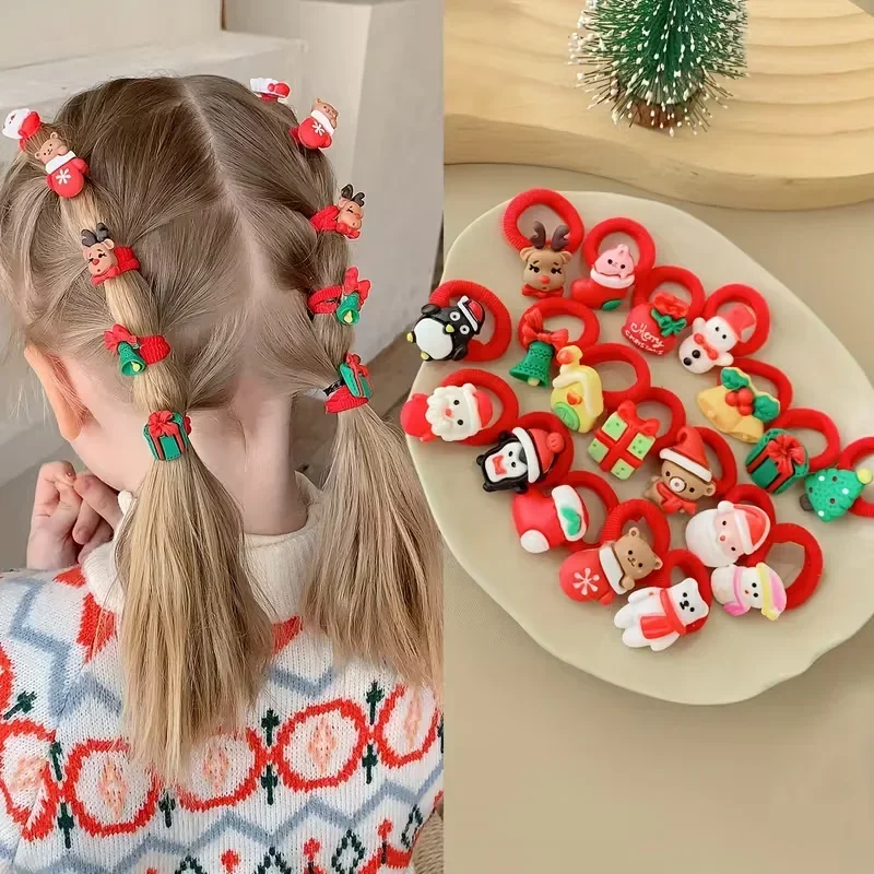10 Stück-1 Packung Mädchen-Haargummis, niedliches Weihnachtsdesign, Weihnachtsmann, Rentier, Baum, Schneemann, Haarschmuck, Geschenke für das neue Jahr – Detail 1