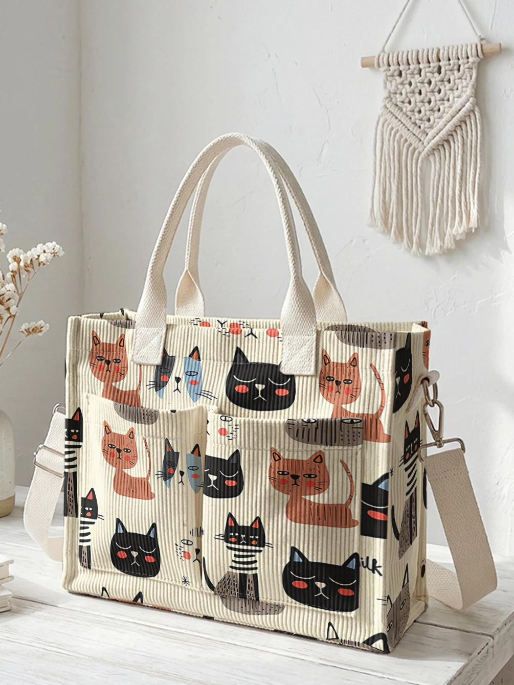 Beige Cord-Tragetasche mit Cartoon-Katzen-Print, große Kapazität, mehrere Taschen, Pendler-Umhängetasche
